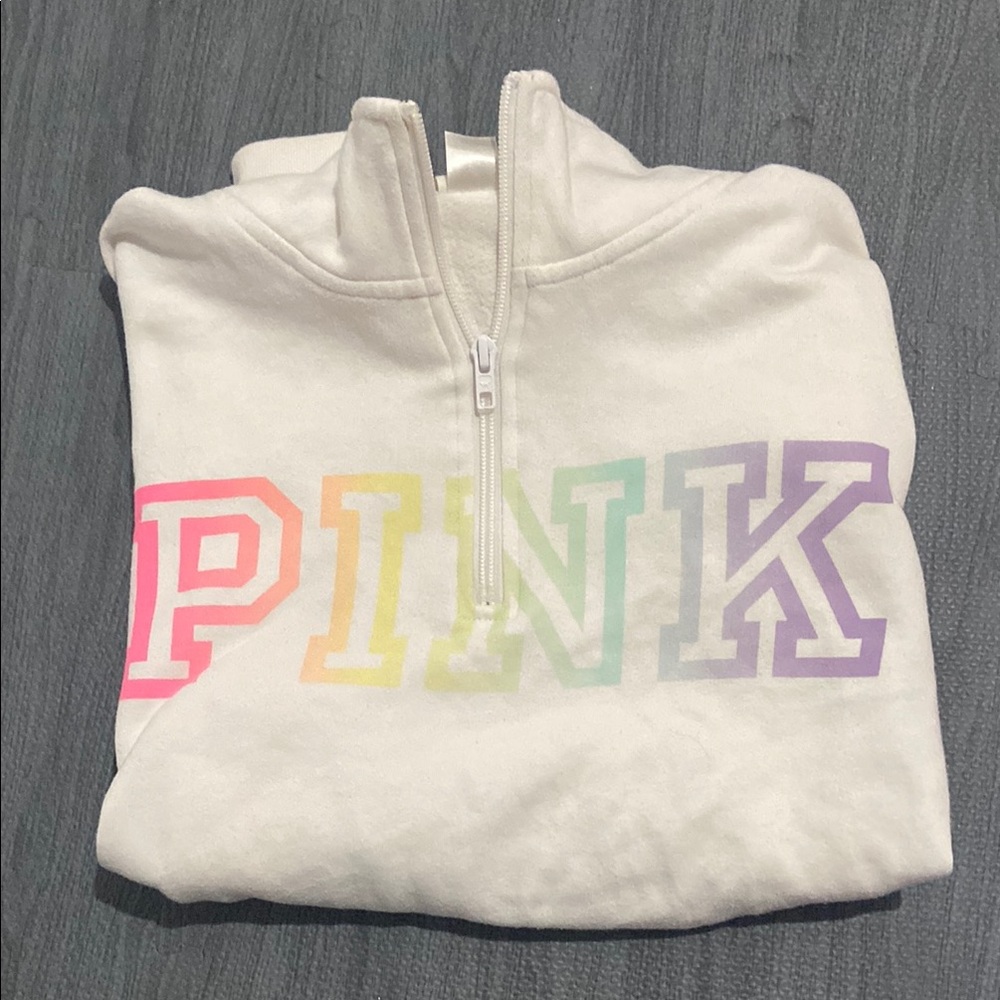 White Half-Zip Sweatshirt with Multicolor PINK Logo